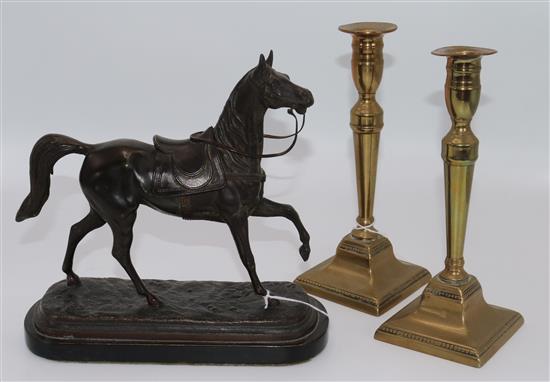 Pair of George III brass candlesticks and a spelter horse